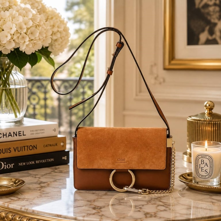 CHLOE SMALL FAYE BROWN LEATHER BAG: CHLOE SMALL FAYE BROWN LEATHER BAG 9.1" | | CHLOE Small Faye shoulder and crossbody bag crafted in rich brown calfskin leather with a contrasting suede front flap. This iconic Chloe design features th