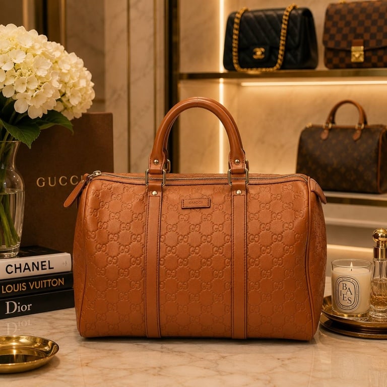 GUCCI MEDIUM BOSTON ORANGE GUCCISSIMA: GUCCI MEDIUM BOSTON ORANGE GUCCISSIMA 13" | | GUCCI Medium Boston handbag crafted in orange Guccissima leather embossed throughout with the house's signature interlocking GG motif. The classic structu