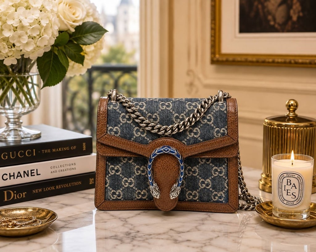 GUCCI MINI DIONYSUS DENIM CROSSBODY: GUCCI MINI DIONYSUS DENIM CROSSBODY 7.9" | | GUCCI Mini Dionysus chain crossbody bag crafted in blue GG monogram denim with contrasting brown leather trim and antiqued silver-tone hardware. The struct