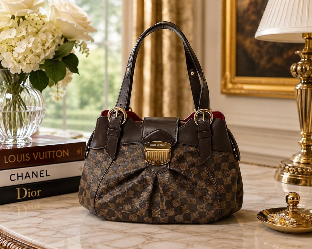 LOUIS VUITTON SISTINA MM DAMIER EBENE BAG: LOUIS VUITTON SISTINA MM DAMIER EBENE 13.8" | | LOUIS VUITTON Sistina MM handbag crafted in brown Damier Ebene coated canvas with dark brown leather trim and polished gold-tone hardware. The feminine 