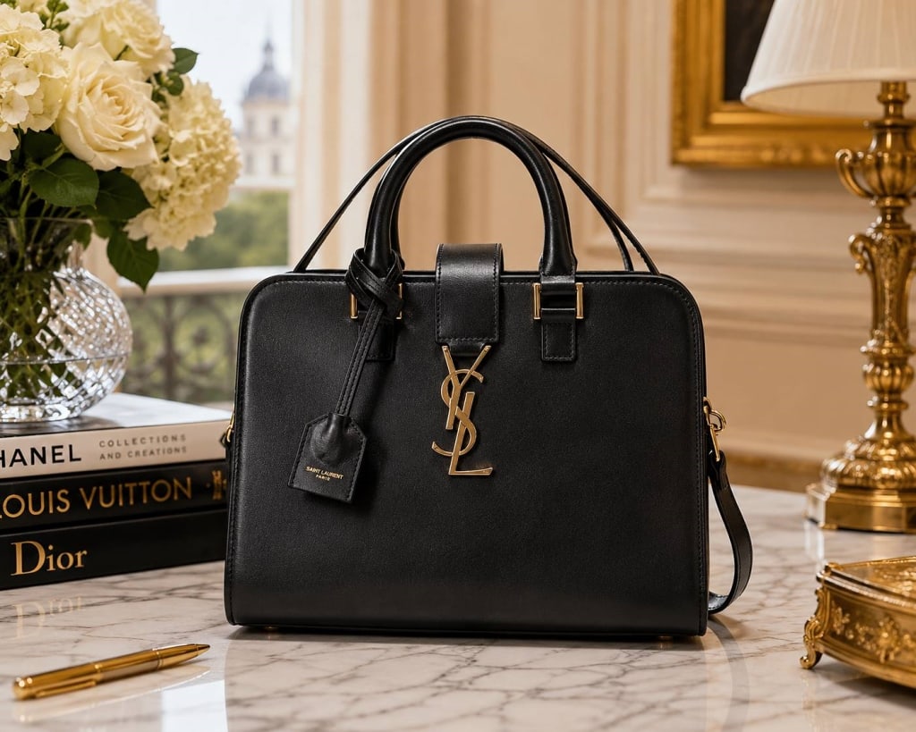 YVES SAINT LAURENT BABY CABAS BAG: YVES SAINT LAURENT BABY CABAS MINI BLACK 10" | | YVES SAINT LAURENT Baby Cabas Mini handbag crafted in classic black smooth calfskin leather with polished gold-tone hardware. This structured compact d