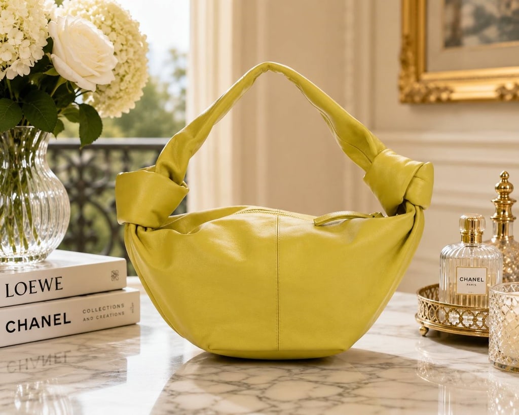 BOTTEGA VENETA DOUBLE KNOT SWIFT LEATHER BAG: BOTTEGA VENETA DOUBLE KNOT SWIFT LEATHER 11" | | BOTTEGA VENETA Double Knot handbag crafted in smooth Swift leather in a bold yellow-green tone. The sculptural crescent silhouette features the distinc