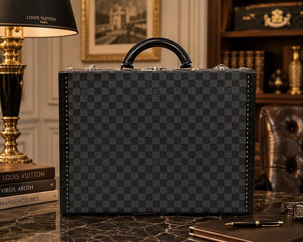 LOUIS VUITTON PRESIDENT DAMIER GRAPHITE: LOUIS VUITTON PRESIDENT DAMIER GRAPHITE 17.9" | | LOUIS VUITTON President hard-sided briefcase crafted in Damier Graphite coated canvas with black leather trim and polished silver-tone hardware. The s