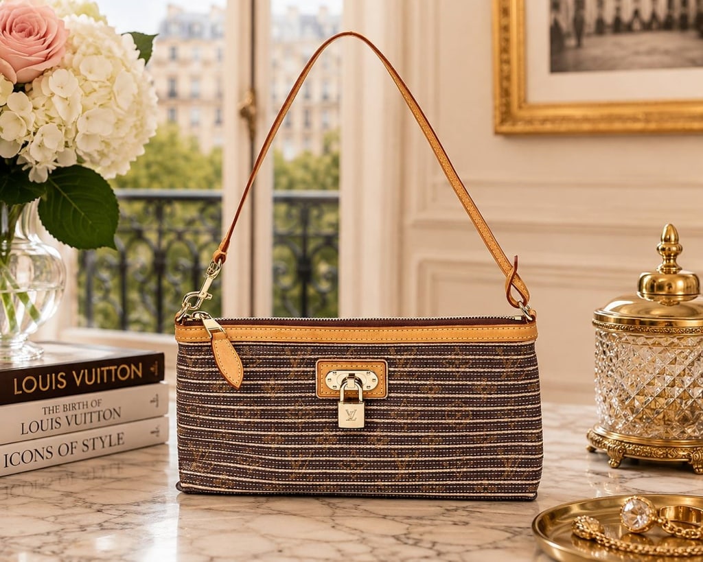 LOUIS VUITTON LTD ED ETE 2010 ZOE BAG: LOUIS VUITTON LTD ED ETE 2010 ZOE 10.6" | | LOUIS VUITTON Limited Edition Ete 2010 Zoe Pochette shoulder bag featuring a distinctive brown and peach striped woven exterior accented with the iconic Lou