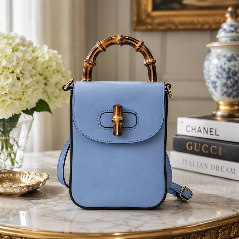 GUCCI BAMBOO MINI BLUE BACKPACK: GUCCI BAMBOO MINI BLUE BACKPACK 7" | | Gucci Bamboo mini top handle backpack crafted in blue calfskin leather with contrasting dark edge trim and signature bamboo detailing. This compact structured de