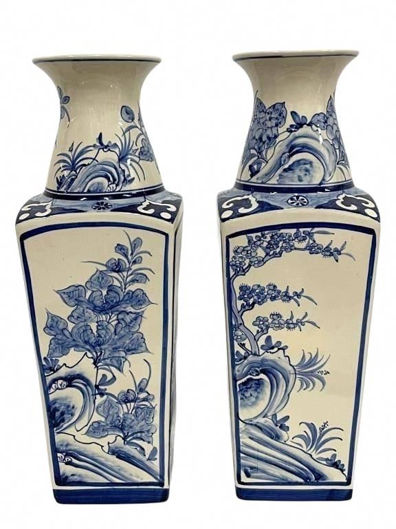 PAIR OF SQUARE DELFT-STYLE BLUE & WHITE VASES 16" (1 of 7)