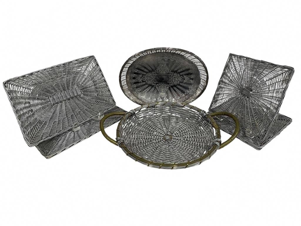 ASSORTED SILVER-TONE WOVEN METAL TRAYS AND BASKETS: intricate wirework patterns create a refined textural look reminiscent of vintage hospitality and barware service pieces. Ideal for entertaining, bar display, bread service, or layered tabletop