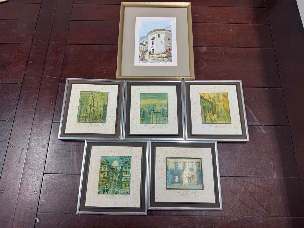Six Framed Prints with Signed Mats: Six framed prints. Five pieces showcase city or architectural scenes with varying color techniques, each with mats signed by the same artist. The sixth print is in a gold-toned frame and depicts a