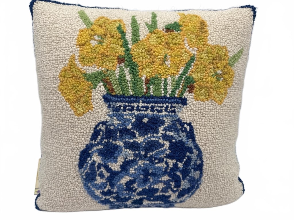 Sally Eckman Roberts Floral Hooked Pillow: Square decorative pillow featuring a hooked yarn front with yellow flowers in a blue vase design, by Sally Eckman Roberts. The pillow measures approximately 16 inches. Back is solid and includes