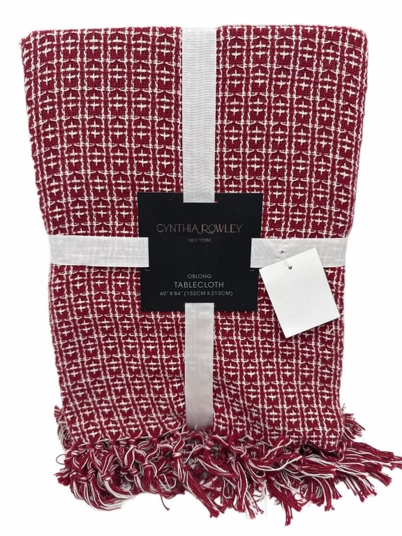 Cynthia Rowley Red Oblong Tablecloth 60"x 84": Cynthia Rowley New York oblong tablecloth in red and white pattern. Measures 60 inches by 84 inches (152 cm x 213 cm). Woven textile with decorative fringe detail, new with tags attached. | -23