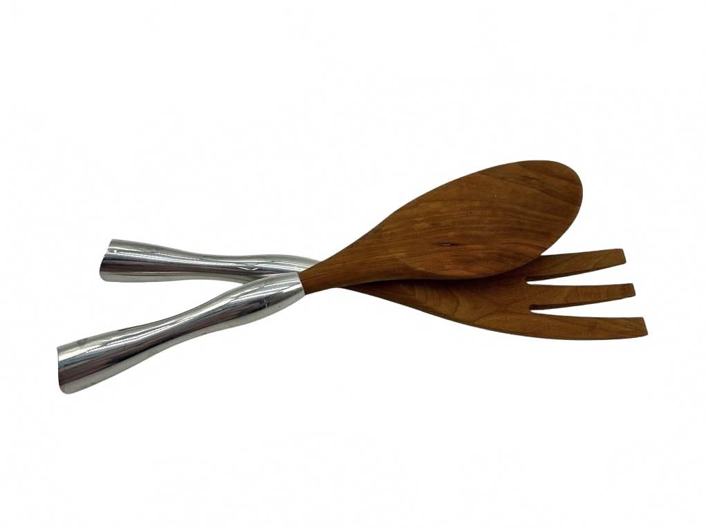 NAMBE CHERRY SALAD SERVERS W/ BOX: NAMBE CHERRY SALAD SERVERS | -VERYGOOD CONDITION | -APPROX. 12" | -MODERN DESIGN MEETS FUNCTIONAL BEAUTY! THIS STYLISH SET FEATURES RICH CHERRY WOOD UTENSILS WITH SLEEK, SCULPTED ALUMINUM HANDLES. A