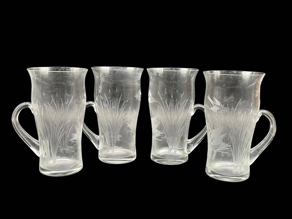 FOUR VINTAGE ETCHED GLASS BEER STEINS / MUGS (1 of 3)