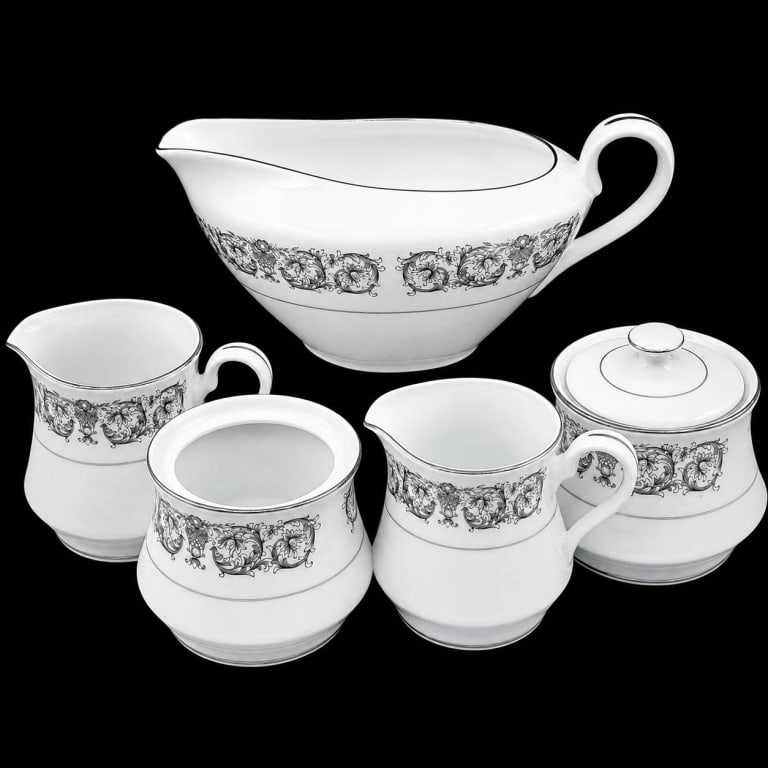 ELEGANTE BY TOWNE HOUSE COFFEE TEA SET 5PC: Five-piece Towne House Fine China coffee and tea accessory set, made in Japan in the elegant ELEGANTE pattern No. 3100. Bright white fine china features an ornate gray scrolling floral and foliate bor
