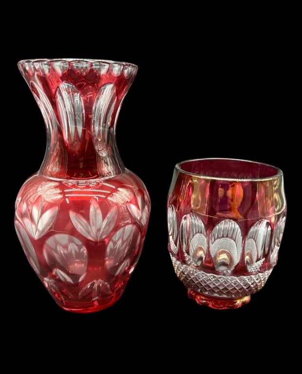PAIR RUBY RED CUT CRYSTAL VASE & HURRICANE 7" (1 of 5)