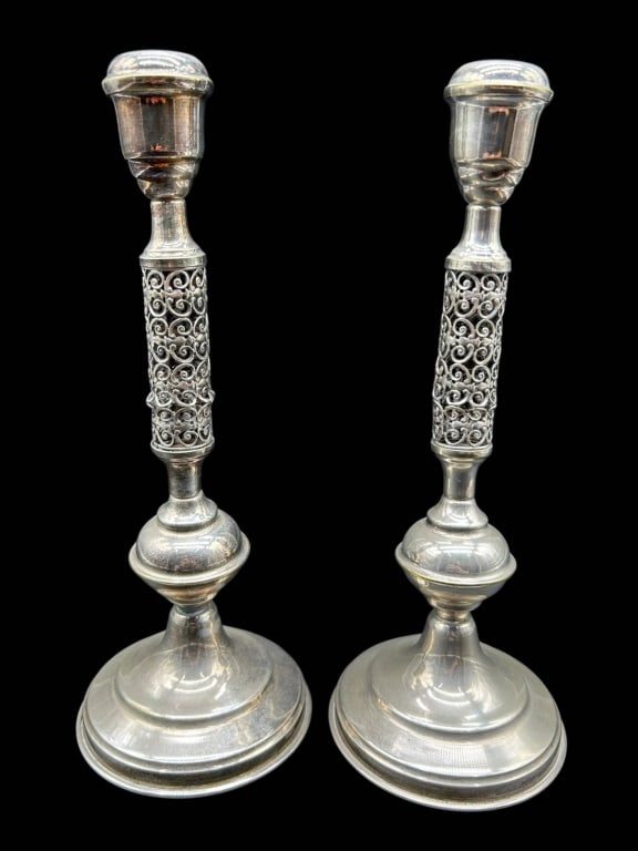 PAIR SILVER TONE FILIGREE CANDLESTICKS 9.5" (1 of 5)