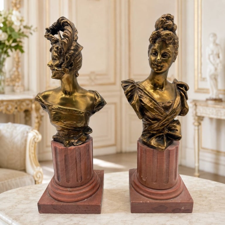 PAIR FRENCH GILT-BRONZE FEMALE BUSTS 10": Pair of French gilt-bronze female busts depicting elegantly dressed women with elaborate period hairstyles and finely modeled facial features. One figure is shown in profile wearing a dramatic feather