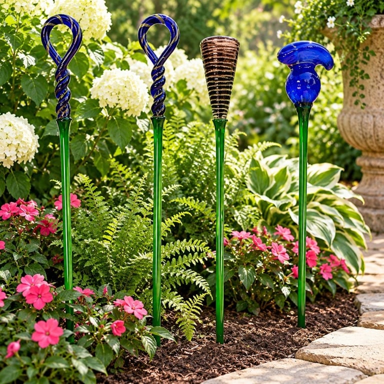HAND-BLOWN ART GLASS GARDEN STAKES LOT OF 4 32": This lot features four hand-blown art glass garden stakes in vibrant jewel tones of cobalt blue, emerald green, amber, and amethyst. Each stake showcases a unique sculptural finial, including spiral l