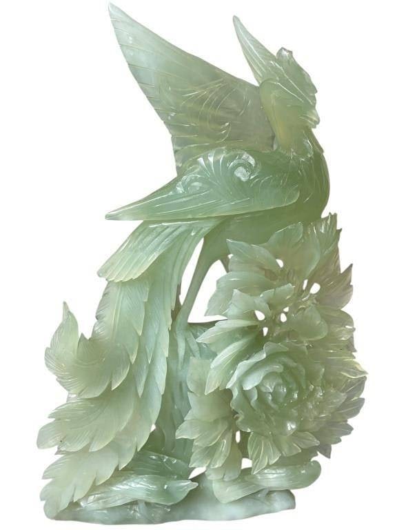 CARVED GREEN JADEITE BIRD AND FLORAL SCULPTURE 13": *For ALTERNATIVE SHIPPING QUOTES, please visit www.dejavuauctionshipping.com* | | CARVED GREEN JADEITE BIRD AND FLORAL SCULPTURE 13" X 8" X 1" APPROX | | | dimensional floral forms, showcasing skilled