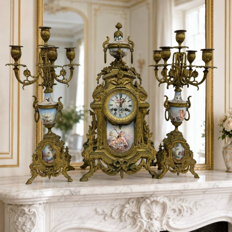 FRENCH PORCELAIN BRONZE CLOCK GARNITURE 21" (1 of 13)