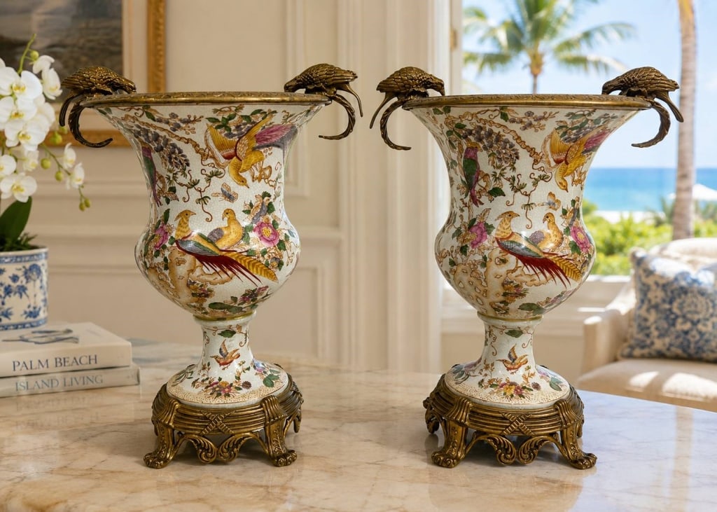 PAIR BIRD FLORAL PORCELAIN BRONZE URNS 16": Decorative pair of porcelain urn-form vases featuring richly detailed exotic bird, flowering branch, butterfly and botanical decoration in a Chinoiserie-inspired palette of rose, green, yellow, lavend