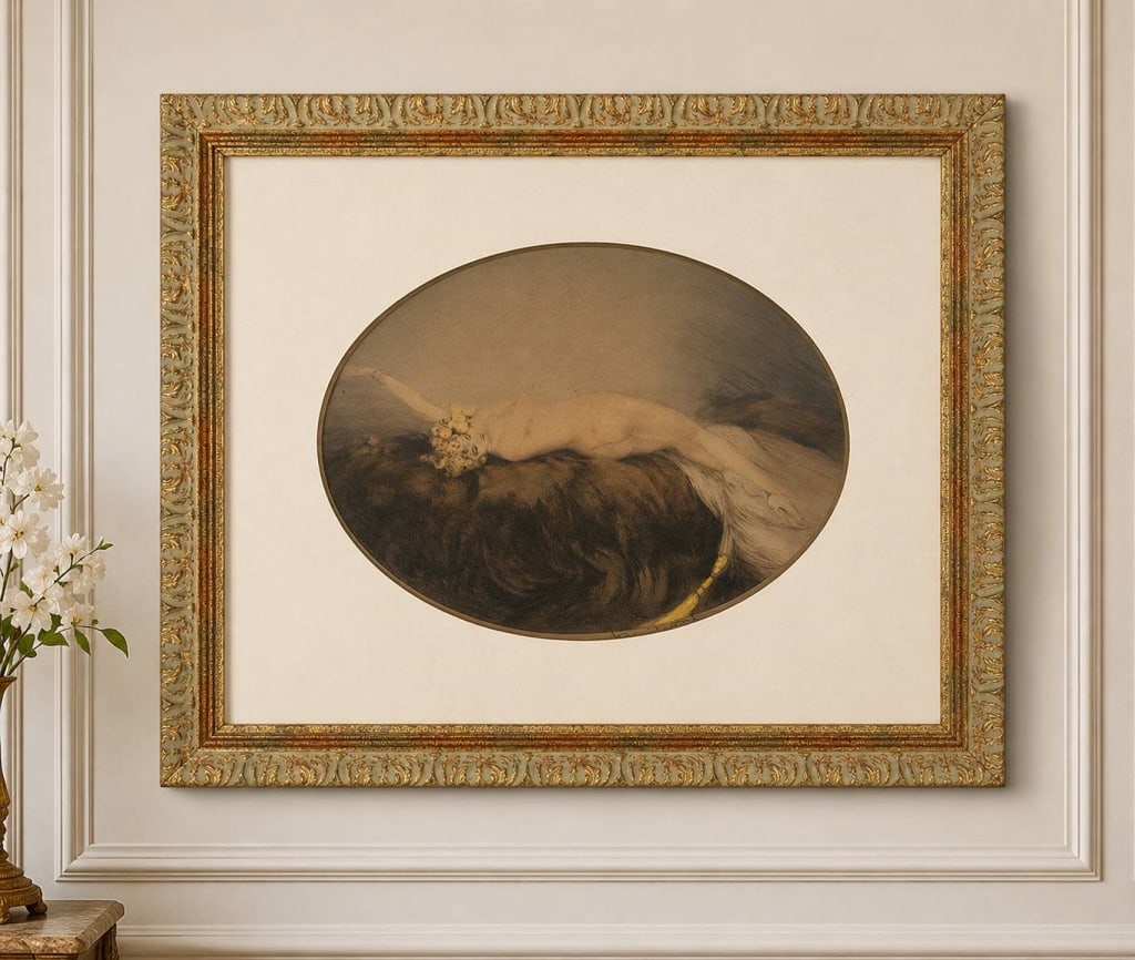 ANTIQUE LOUIS ICART SIGNED ART DECO NUDE 30": Louis Icart (French, 1888-1950), elegant Art Deco oval-format depiction of a reclining nude female figure resting upon dark fur, rendered in Icart's characteristic softly modeled, romantic manner. The
