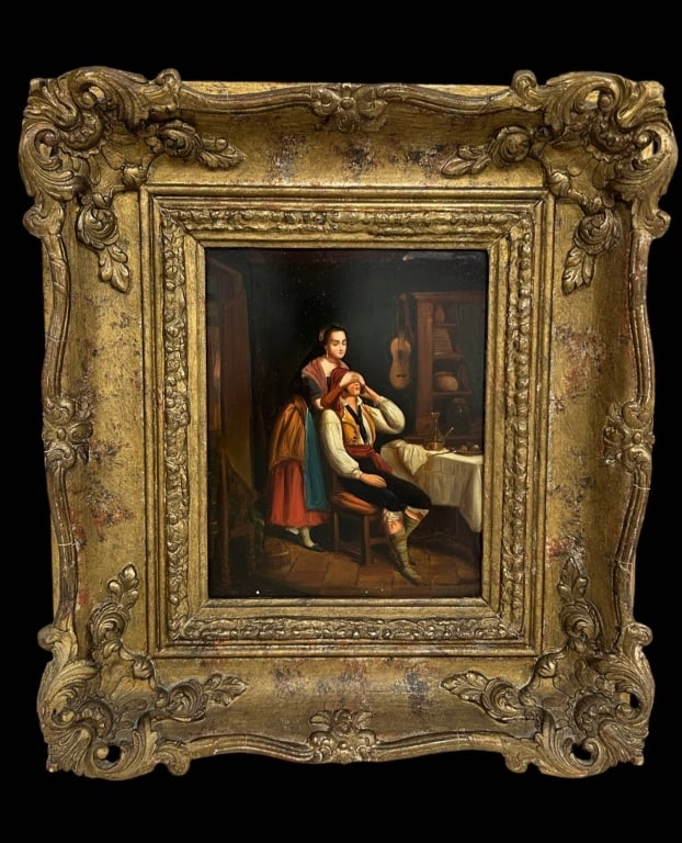 19TH C EUROPEAN GENRE SCENE PAINTING 15": 19th-century European genre painting depicting an intimate domestic scene with a seated gentleman playfully having his eyes covered by a young woman standing behind him. The richly detailed interior i