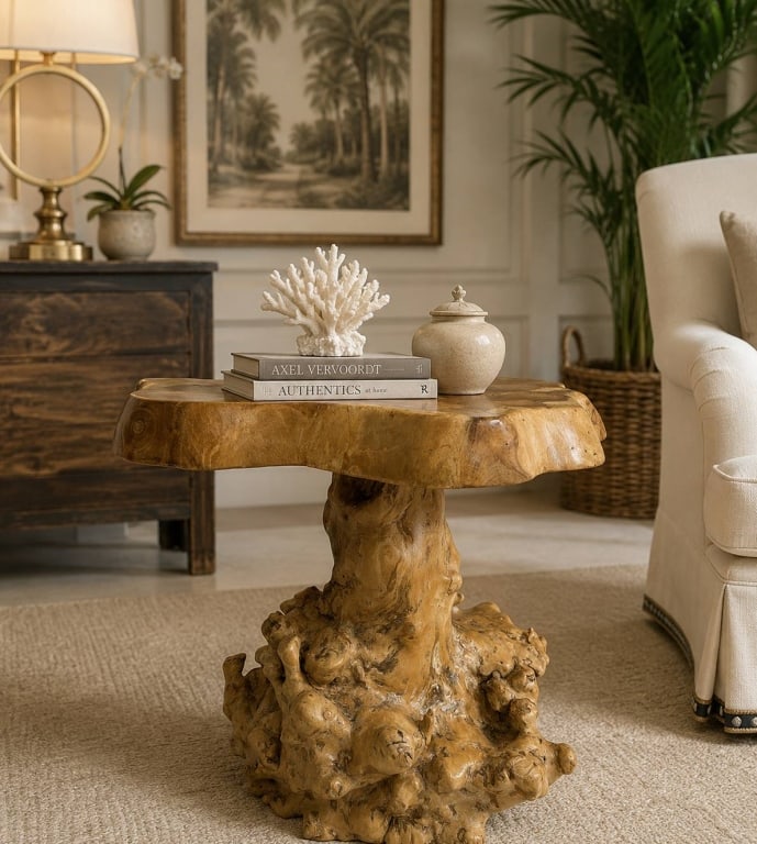 SCULPTURAL BURL WOOD SIDE TABLE 18": Striking sculptural side or accent table crafted from highly figured natural burl wood, featuring a thick freeform slab top supported by an organic root-form pedestal base. The dramatic natural knots,