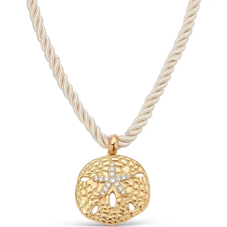 SAND DOLLAR 18K GP PENDANT NECKLACE: This necklace features an 18k GP sand dollar pendant accented with cubic zirconia. The pendant measures 2 inches and hangs on a cream-colored rope chain with an adjustable closure. Total length is 32 