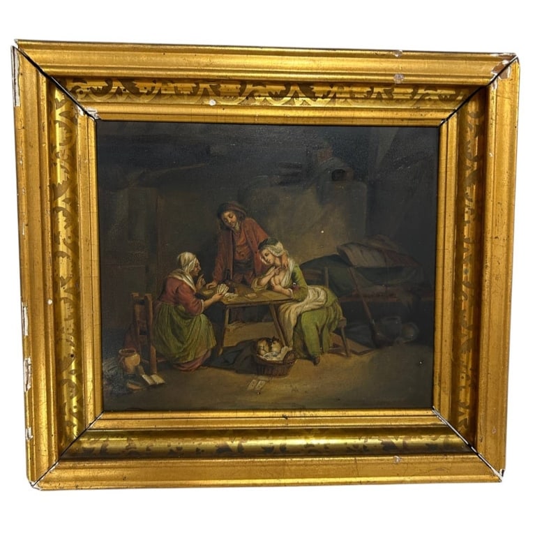 ANTIQUE EUROPEAN GENRE SCENE PAINTING 13": Charming antique European genre painting depicting three figures gathered around a rustic table in a dimly lit domestic interior. An elderly woman appears to read or deal cards while a younger woman r