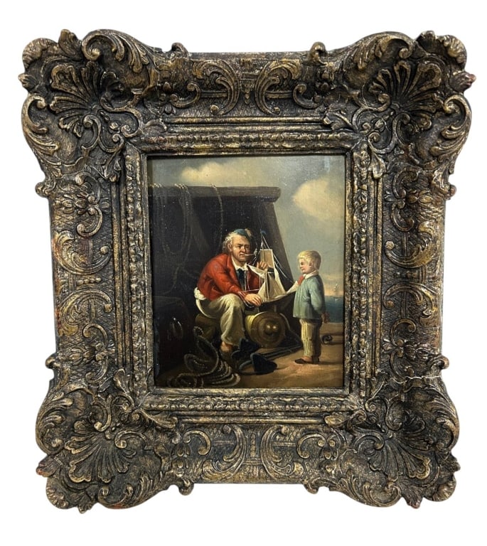 ANTIQUE MARITIME GENRE PAINTING ORNATE FRAME 13": Charming antique maritime genre painting depicting an older sailor or craftsman seated beside a young boy while presenting a model sailing ship. The intimate narrative scene is rendered with finely