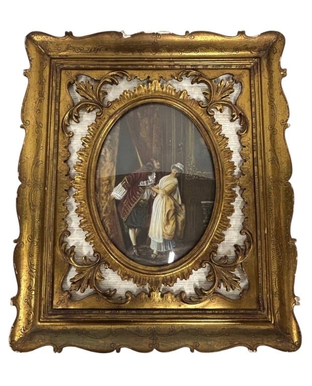 ITALIAN HAND PAINTED COURTSHIP SCENE 17": Decorative Italian hand-painted courtship scene depicting an elegantly dressed gentleman and lady in a richly appointed period interior, rendered in fine detail with delicate highlights and romantic 1