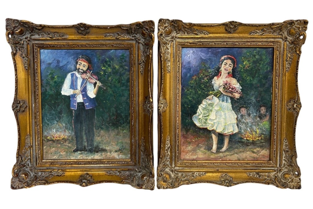 PAIR SIGNED FIGURAL OIL PAINTINGS 16.5": Pair of charming signed figural oil paintings on canvas, depicting traditional European folk subjects in outdoor settings. One portrays a bearded violinist in regional dress, while the companion depic