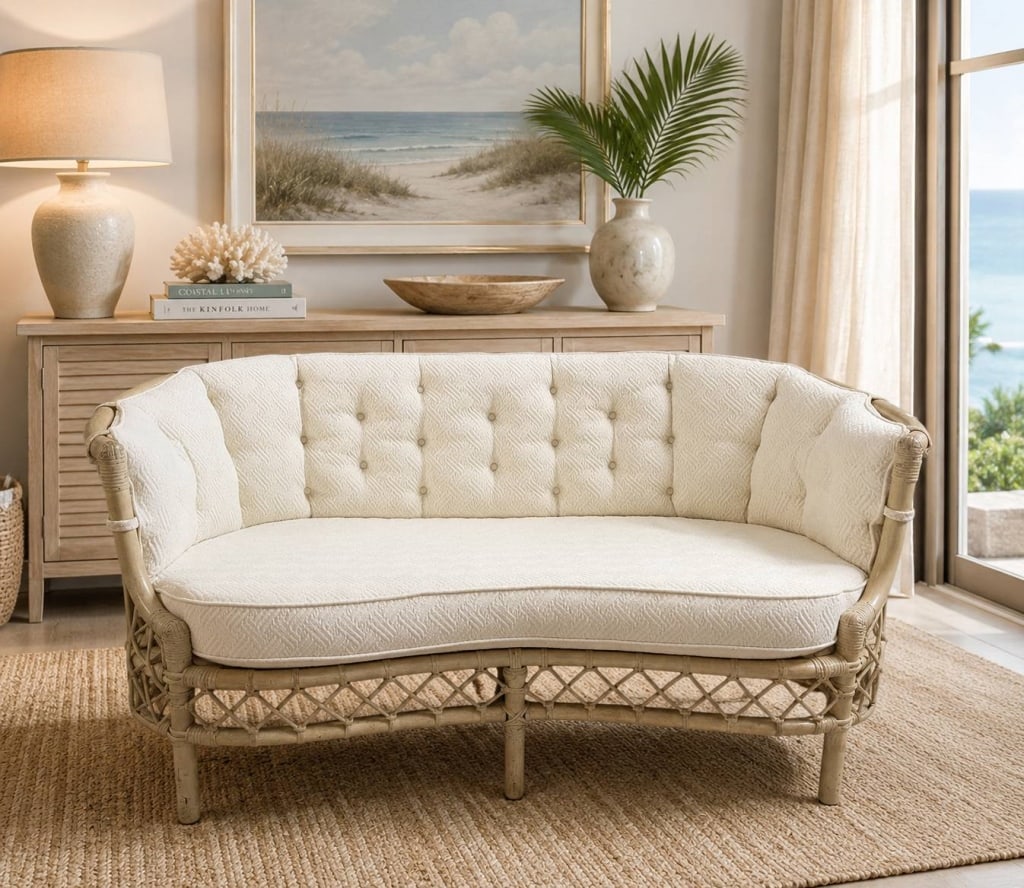COASTAL RATTAN TUFTED LOVESEAT SOFA 63": Elegant coastal-style loveseat featuring a natural rattan frame with gracefully curved arms, lattice apron detailing, and a button-tufted upholstered back. The neutral textured upholstery complements 