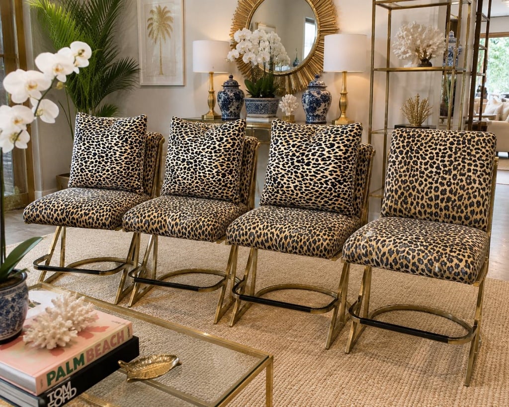 SET OF 4 LEOPARD PRINT BRASS BAR STOOLS 34": Stylish set of four vintage-style counter/bar stools featuring bold leopard-print upholstered seats and backs over polished brass-tone metal frames. Each chair has a streamlined open metal constructio