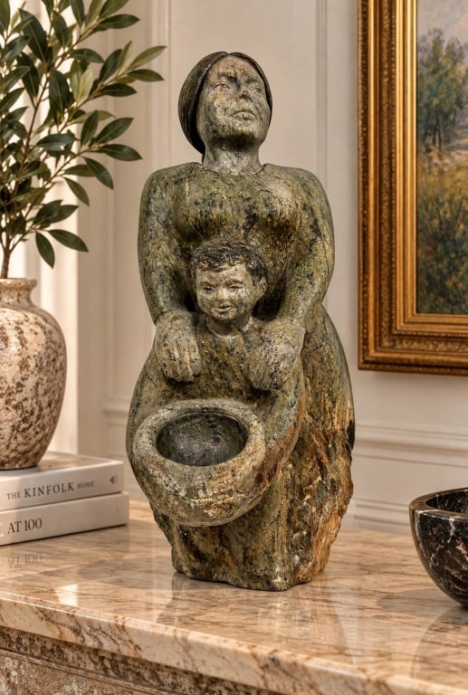 BRENT WILLIAM SIGNED STONE MOTHER & CHILD 20": Substantial hand-carved stone sculpture depicting a mother standing protectively behind a young child, both figures supporting a rounded vessel or offering bowl. Carved from richly mottled green, gray