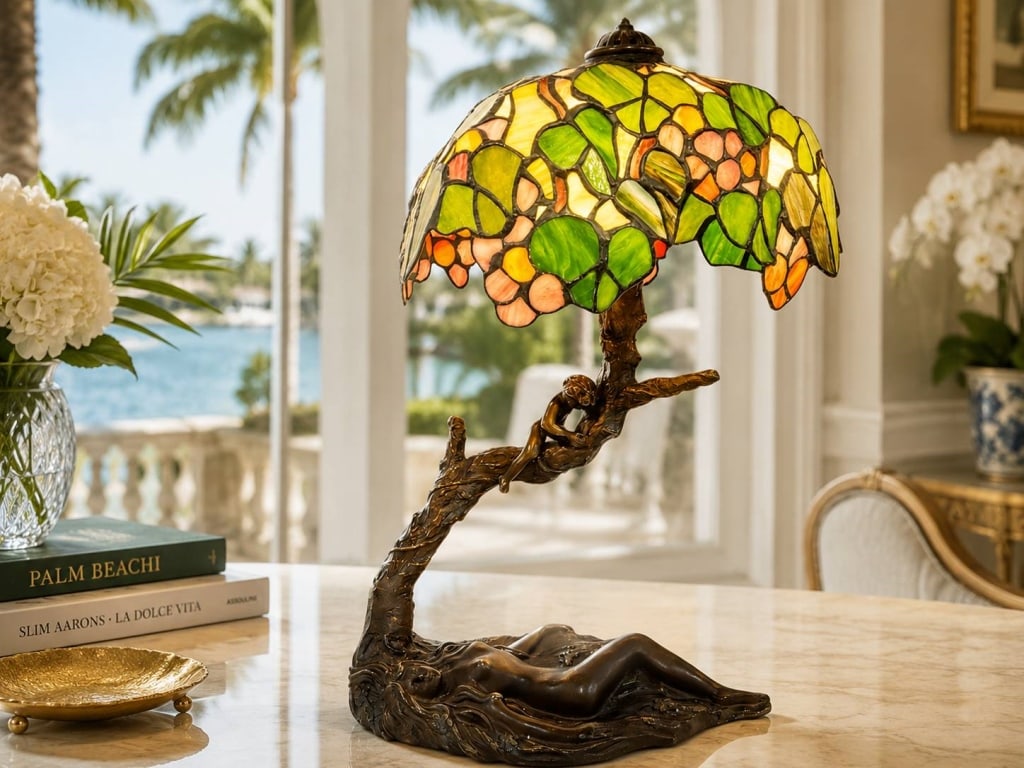 SIGNED STAINED GLASS FIGURAL LAMP 22": Striking sculptural table lamp dated 1993, featuring a richly colored leaded stained glass shade supported by an elaborate bronze-tone figural base. The domed shade is composed of individually leaded 