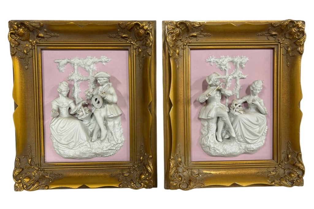 PAIR ALT MEISSEN ART ROCOCO RELIEFS 14": Pair of decorative "Alt Meissen Art" three-dimensional figural relief panels depicting pastoral courtship scenes inspired by the Castle-Park of Sanssouci circa 1750-1760. Each composition features an 