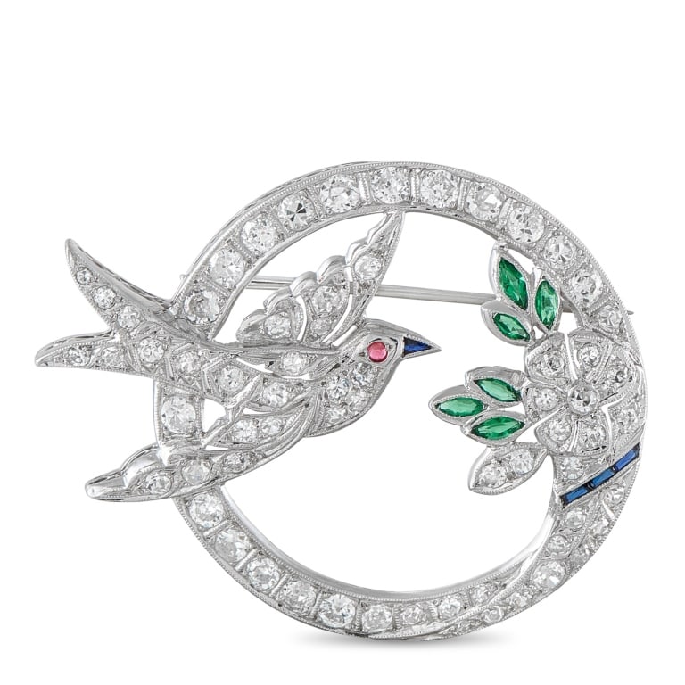 ANTIQUE 18K GOLD 2.70CT DIAMOND & EMERALD BROOCH (1 of 3)