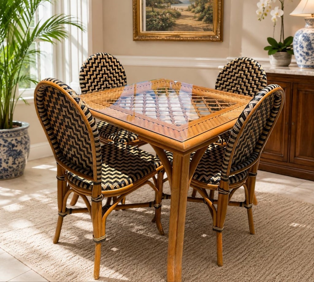 RATTAN & GLASS COASTAL STYLE DINING SET 36": Bring timeless coastal elegance to your home with this attractive five-piece rattan dining set featuring a square glass-top table and four matching woven dining chairs. The table showcases a decorativ
