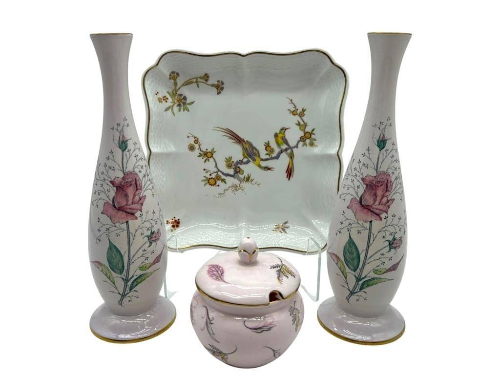 SET OF 4 CERAMIC/PORCELAIN PIECES: SET OF 4 CERAMIC/PORCELAIN PIECES | -VERY GOOD PRE-OWNED CONDITION | -TWO (2) CARLTON WARE VASES, APPROX 10" | -RICHARD GINORI PLATE, APPROX 8" | -WINDSWEPT JAR, APPROX 4" | PERFECT FOR ENHANCING TEA 