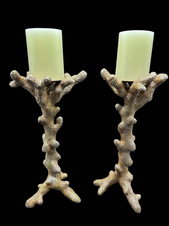 ZGALLERIE CORAL CANDLESTICKS PAIR 17": Pair of dramatic Z Gallerie decorative candlesticks modeled as branching coral formations, finished in a textured metallic gold tone with organically sculpted bases and arms. Each supports a pale
