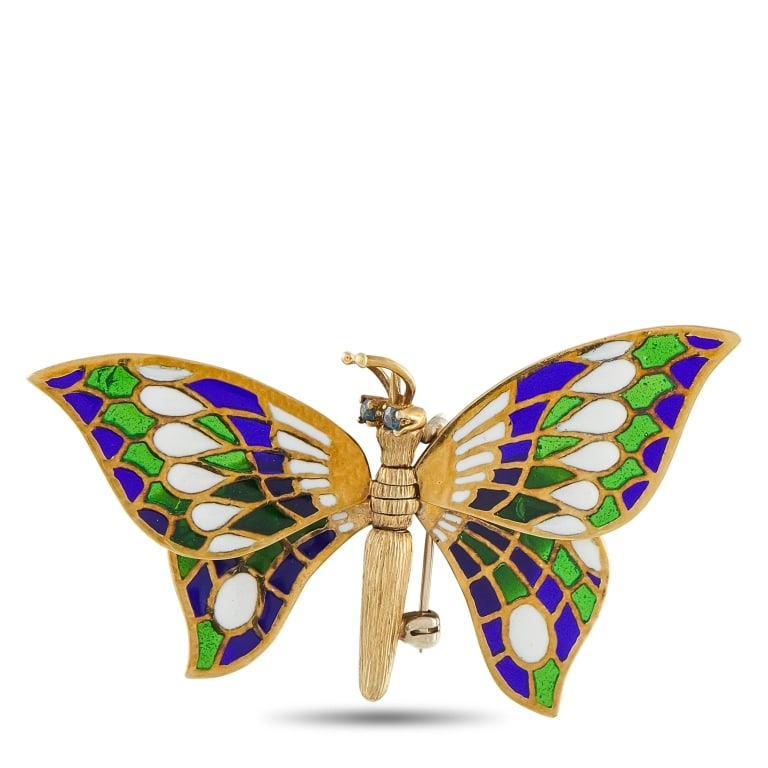 VINTAGE 14K GOLD PLIQUE--JOUR BUTTERFLY BROOCH: Breathtaking colors and delicate design elements come together to create this exquisite vintage brooch. Designed to resemble a butterfly, intricate Plique--Jour wings allow light to shine through the 