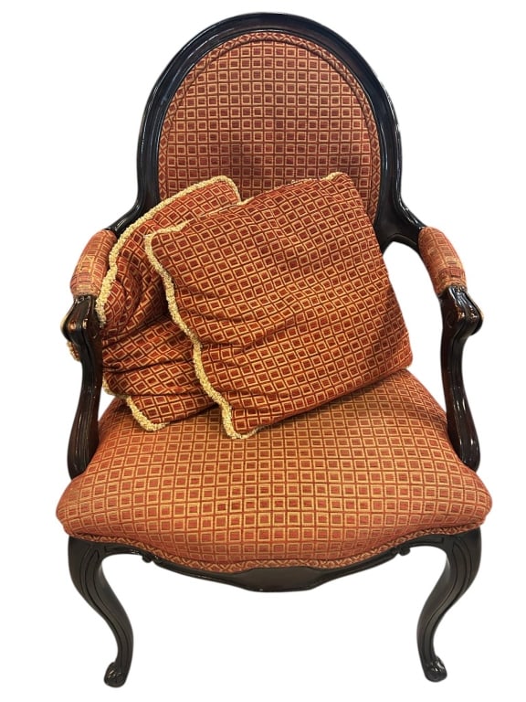 INTERIOR CRAFTS FRENCH STYLE FAUTEUIL ARMCHAIR 38": Elegant Interior Crafts Chicago armchair featuring a dark stained wood frame and geometric red-orange upholstery. Includes two matching accent pillows. Approximate dimensions: 38" H X 21" W. Some visi