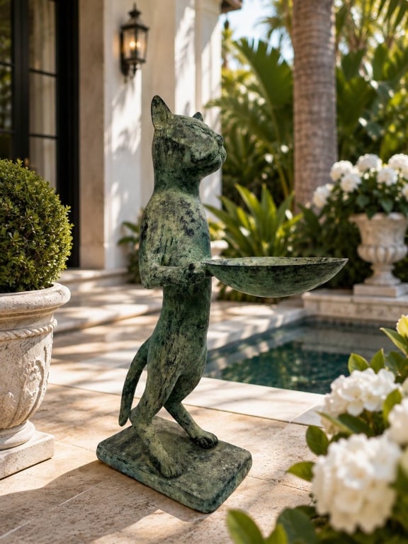 LARGE BRONZE CAT FIGURAL BIRD BATH 25": Whimsical large-scale hollow bronze garden sculpture modeled as an upright cat holding a broad shallow basin in its outstretched paws. The stylized feline stands on a rectangular integral base with lo
