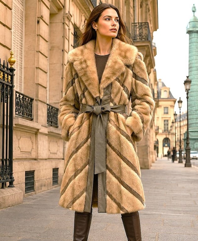 JORDAN MARSH FUR LEATHER BELTED COAT SZ SM: Vintage Jordan Marsh ladies fur and leather coat featuring a dramatic chevron-panel construction in warm honey beige and taupe brown. Designed with a wide shawl collar, long sleeves, coordinating leat