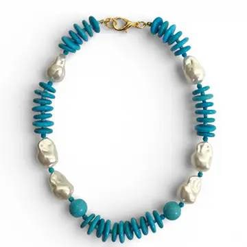 NEW BEADED TURQUOISE ANDPEARL NECKLACE: Chunky | Handmade | Statement Jewelry | | | ?Name: Alex Necklace | ?Length: 17.5" + 3" Extender | ?Weight: 2.5 Ounces | ?Turquoise Disc Beads | ?Lightweight Baroque Pearl | ?Vintage Brushed Silver Har