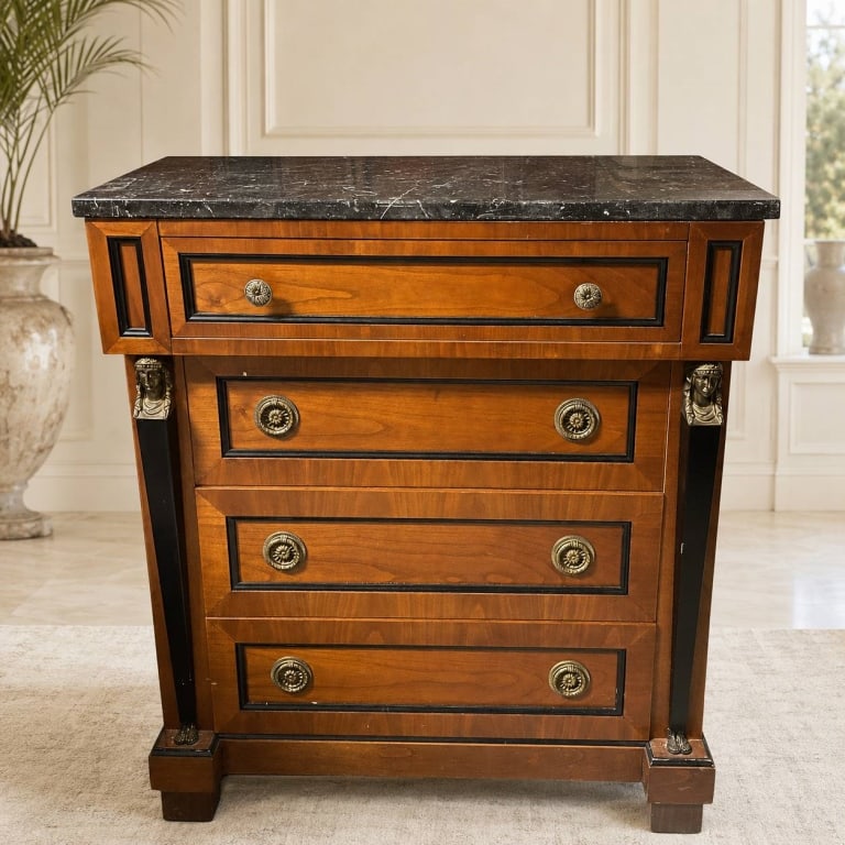 NEOCLASSICAL MARBLE TOP CHEST OF DRAWERS 31.5": This elegant Neoclassical-inspired chest features a polished black marble top above four graduated drawers with beautifully figured wood veneers, contrasting ebony-style trim, and decorative cast bras