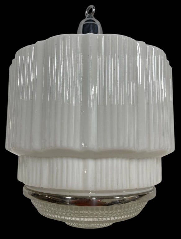 ART DECO MILK GLASS PENDANT LIGHT FIXTURE 13": This vintage Art Deco pendant light fixture features a striking tiered white ribbed milk glass shade complemented by polished chrome hardware and a classic hanging loop finial. The stepped geometric d