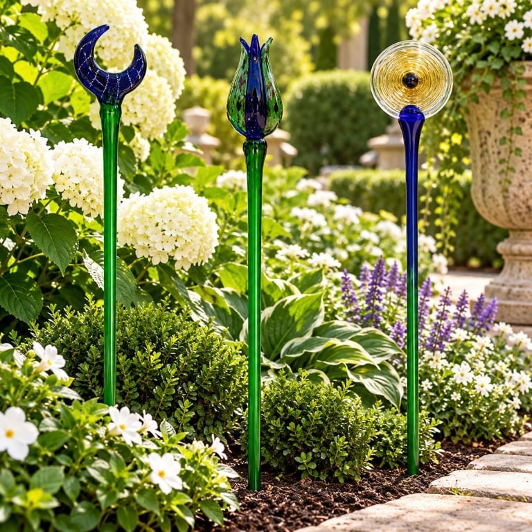 RT GLASS GARDEN SCULPTURES LOT OF 3 32": This colorful lot of three hand-blown art glass garden sculptures features whimsical organic designs mounted on long, slender stems for striking display in gardens, planters, or landscape beds. The as