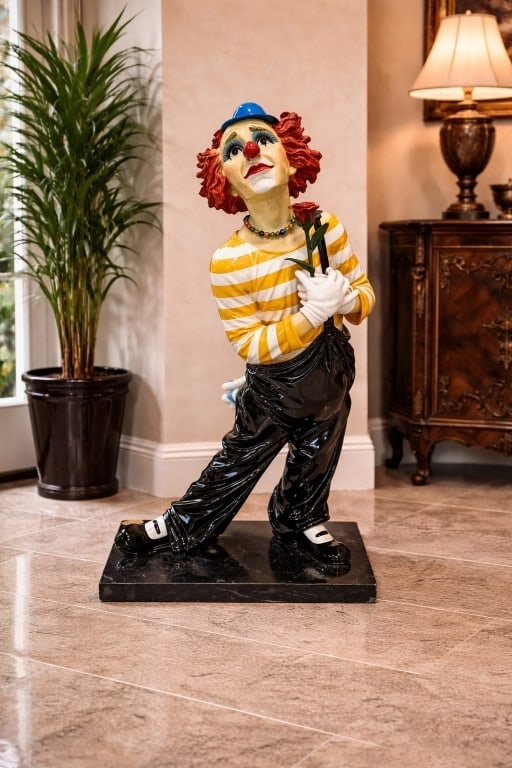 MARKED SAD CLOWN FIGURAL SCULPTURE WITH ROSE (1 of 6)